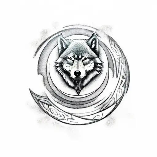 a viking warrior with a wolf on his right and a large moon in the background with clouds tattoo design idea