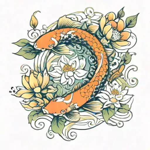 vines, flowers, koi fish, swirls, lotus tattoo design idea