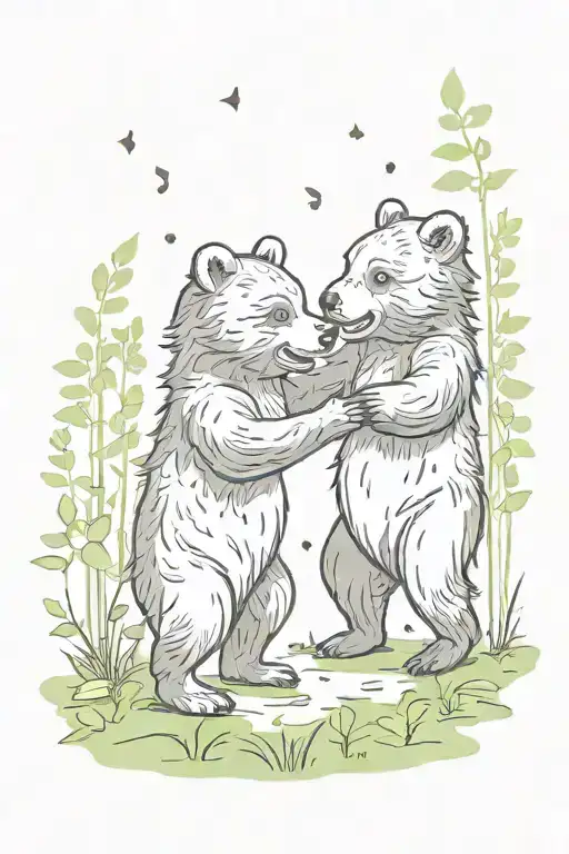 magical forest scene with two small bear cubs dancing tattoo design idea