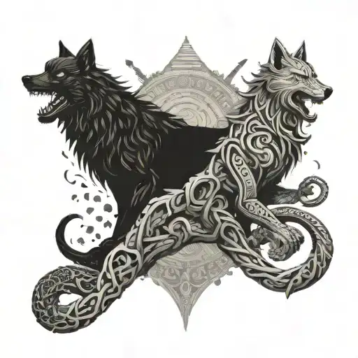 A scene of Ragnarok, the Norse apocalypse, with the Midgard serpent and Fenrir the wolf battling against the gods tattoo design idea