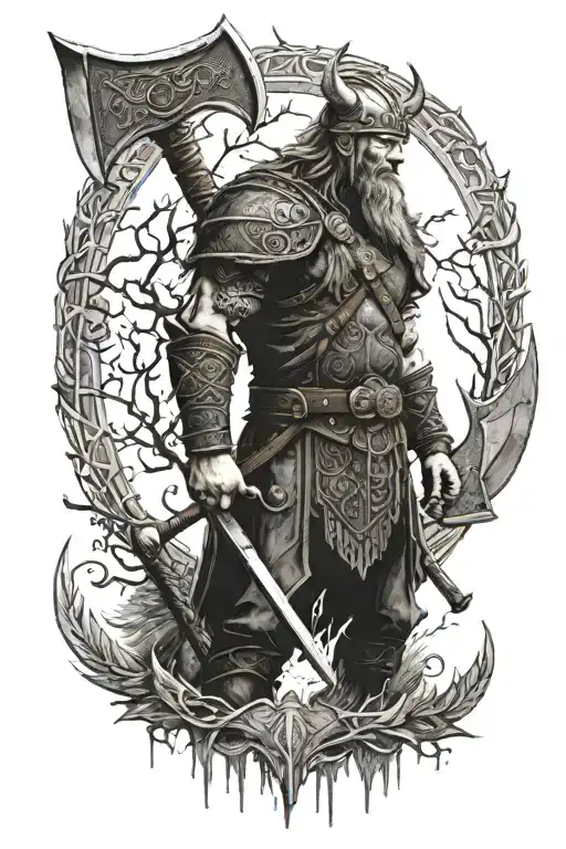 Viking warrior standing an axe and yggdrasil and odins crows tattoo design idea