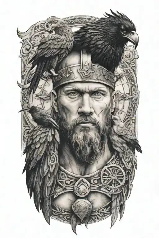 a viking with two crows on his shoulders  tattoo design idea