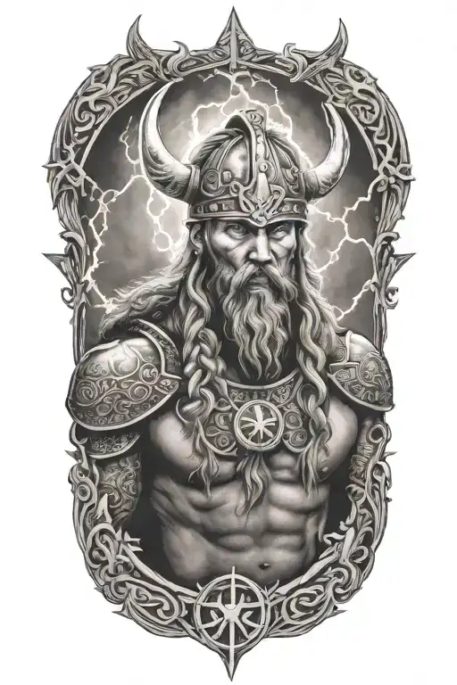 a viking with nordic sybols around him and lightning tattoo design idea