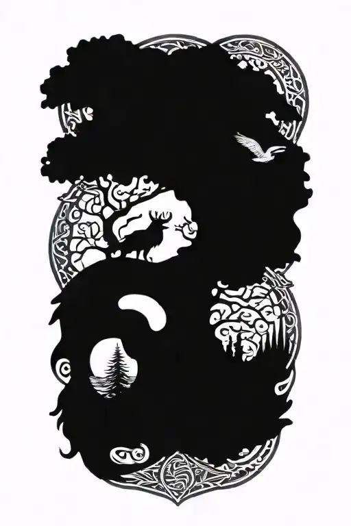 Viking infront of yggdrasil woth nordic symbols and two crows tattoo design idea