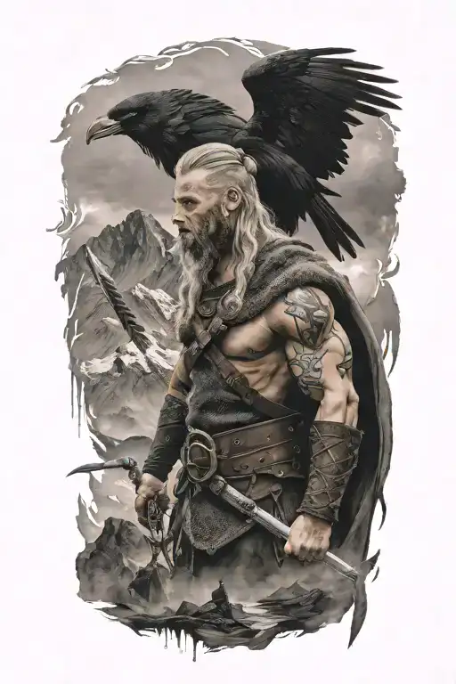 Viking warrior standing infront of a moutain, with lighning and two crows  tattoo design idea