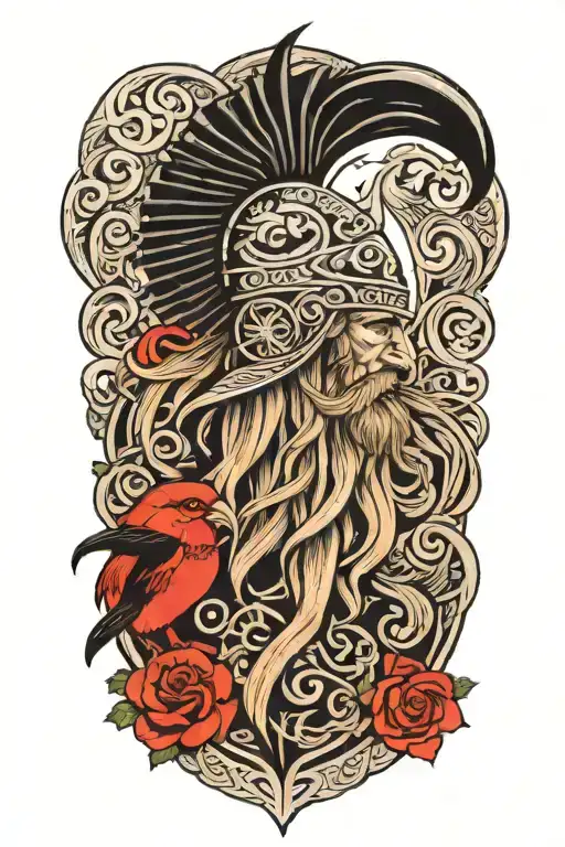 Norse Mythology with a viking with nordic symbols and odins crows  tattoo design idea