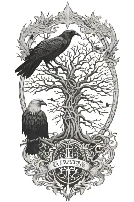 a viking with yggdrasil the world tree behind him and 2 ravens tattoo design idea
