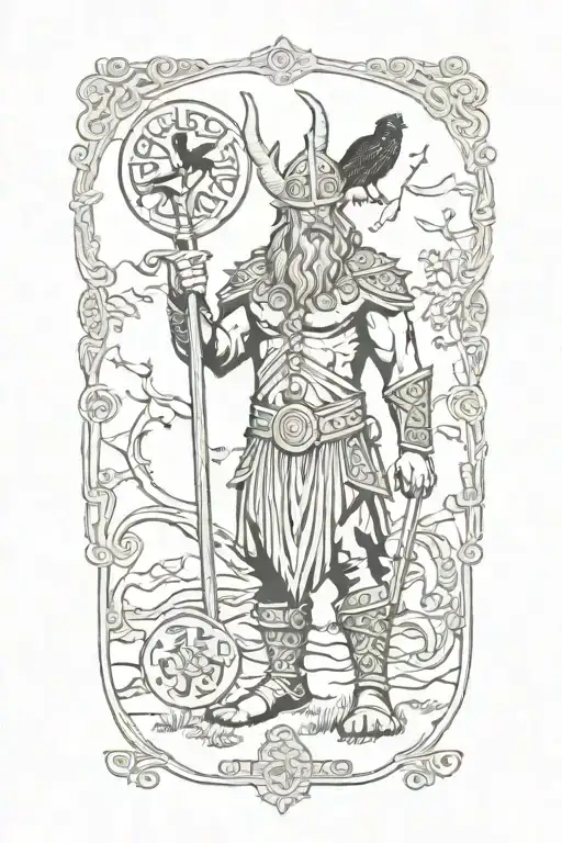 Viking infront of yggdrasil woth nordic symbols and two crows tattoo design idea