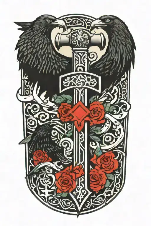 Norse Mythology including a viking. thors hammer symbol and odins crows tattoo design idea