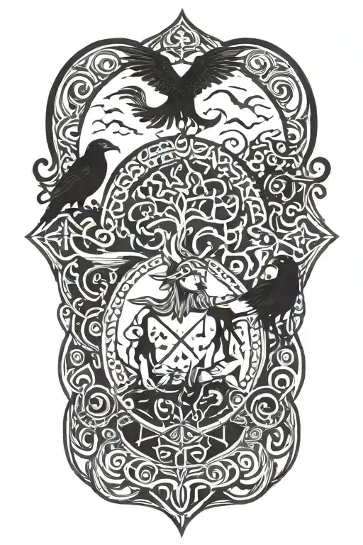 Viking infront of yggdrasil woth nordic symbols and two crows tattoo design idea