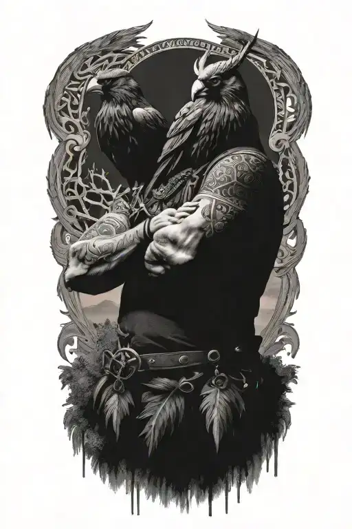 a viking with 2 crows on his shoulders with yggdrasil the world tree behind him tattoo design idea