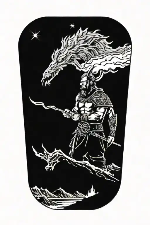a viking with a mountain behind him with lightning in the sky and 2 small ravens tattoo design idea