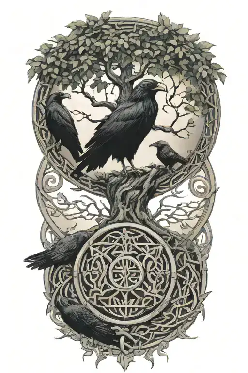 Yggdrasil with a circle aroung it with 2 ravens and the symbols of the Celtic Know and Mjolnir tattoo design idea