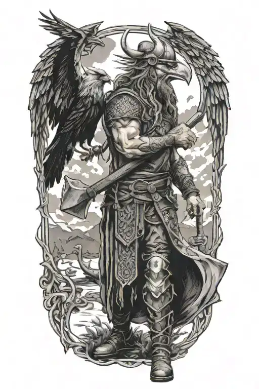 Viking warrior standing an axe and yggdrasil and odins crows tattoo design idea