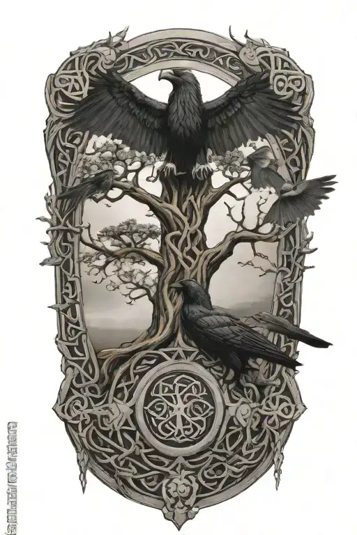 Yggdrasil with a circle aroung it with 2 ravens and with the celtic know and mjölnir tattoo design idea