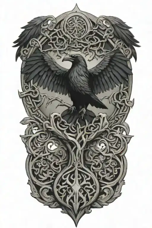 yggdrasil, ravens, mjölnir, celtic know tattoo design idea