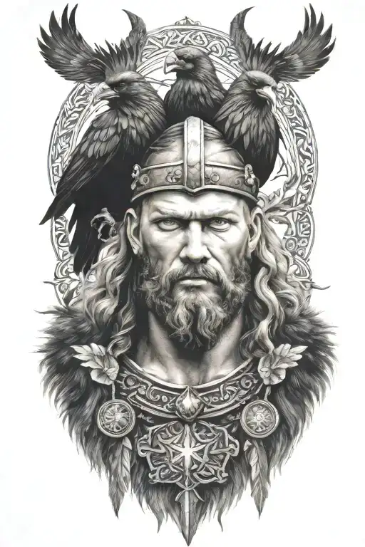 a viking with two crows on his shoulders  tattoo design idea