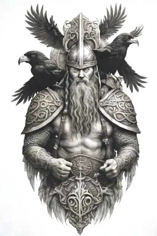 a viking with 2 crows on his shoulders  tattoo design idea