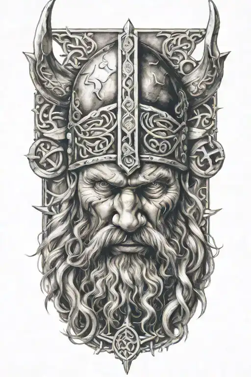 upclose of a viking with nordic sybols around him and lightning tattoo design idea