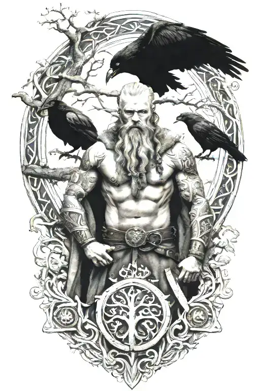 a viking with yggdrasil the world tree behind him and 2 ravens tattoo design idea