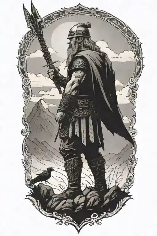 Viking warrior standing infront of a moutain, with lighning and two crows  tattoo design idea