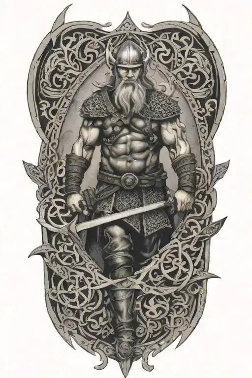 Viking warrior surrounded by norse mythology symbols tattoo design idea