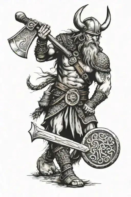 Viking warrior standing an axe with a circle of norse mythology symbols around him tattoo design idea