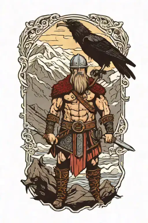 Viking warrior standing infront of a moutain, with lighning and two crows  tattoo design idea