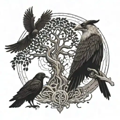 Odin infront of yggdrasil with two crows and norse symbols aroung him tattoo design idea