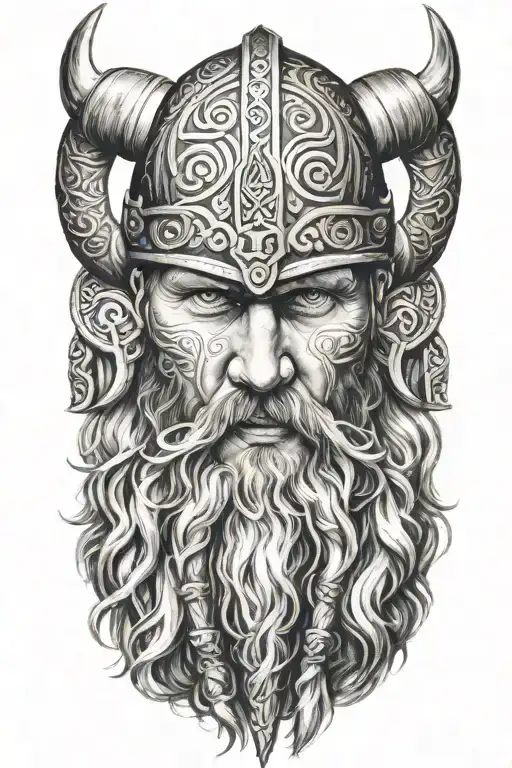 upclose of a viking with nordic sybols tattoo design idea
