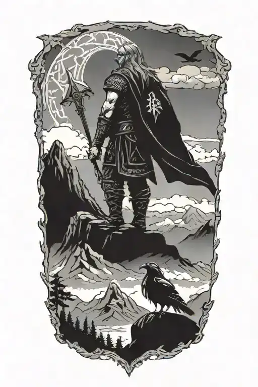 Viking warrior standing infront of a moutain, with lighning and two crows  tattoo design idea