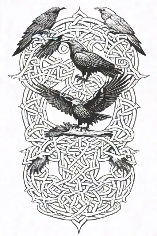 Celtic knot ingraved in Yggdrasil with 2 ravens tattoo design idea