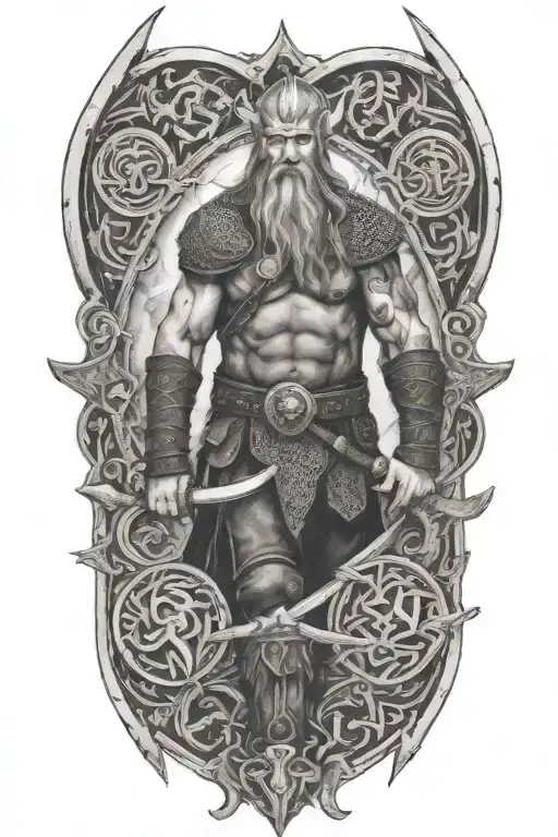 Viking warrior surrounded by norse mythology symbols tattoo design idea