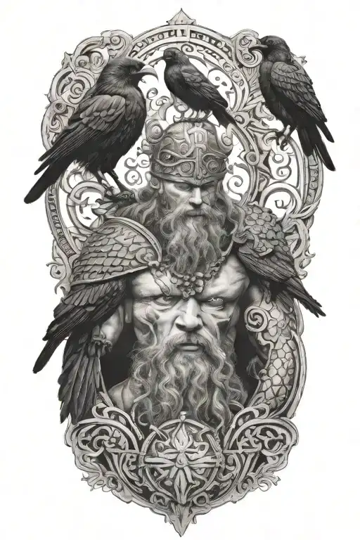 a viking with 2 crows on his shoulders with yggdrasil behind him tattoo design idea