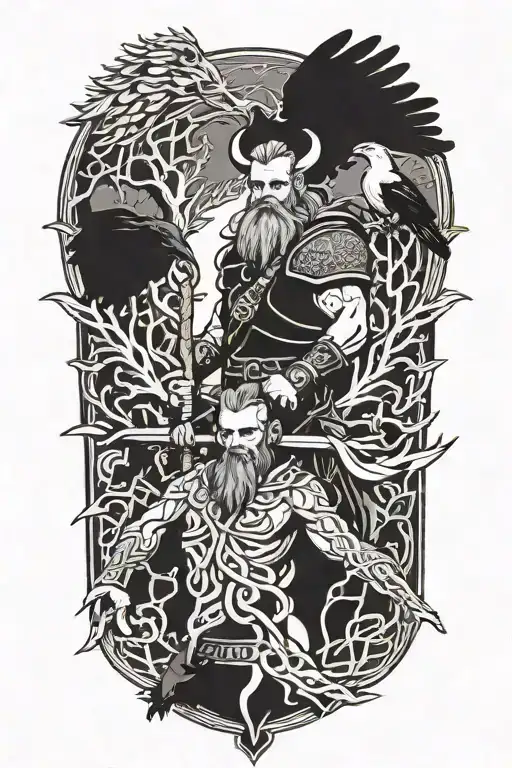 a viking with yggdrasil the world tree behind him and 2 ravens tattoo design idea