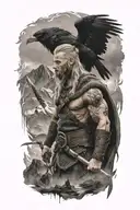 Viking warrior standing infront of a moutain, with lighning and two crows  tattoo design idea