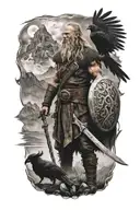 Viking warrior standing infront of a moutain, with lighning and two crows  tattoo design idea