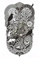 Viking infront of yggdrasil woth nordic symbols and two crows tattoo design idea