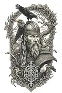 Viking infront of yggdrasil woth nordic symbols and two crows tattoo design idea