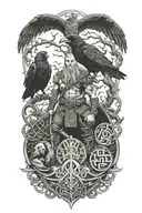 Viking infront of yggdrasil woth nordic symbols and two crows tattoo design idea