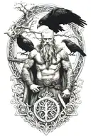 a viking with yggdrasil the world tree behind him and 2 ravens tattoo design idea