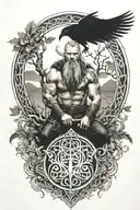 a viking with yggdrasil the world tree behind him and 2 ravens tattoo design idea