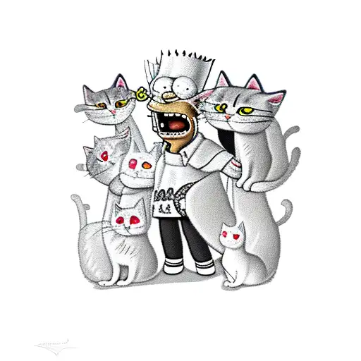 Bart Simpson dressed as a crazy cat lady surrounded by calico cats tattoo design idea