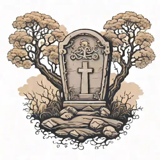 tombstone with two oak trees on the sides   tattoo design idea