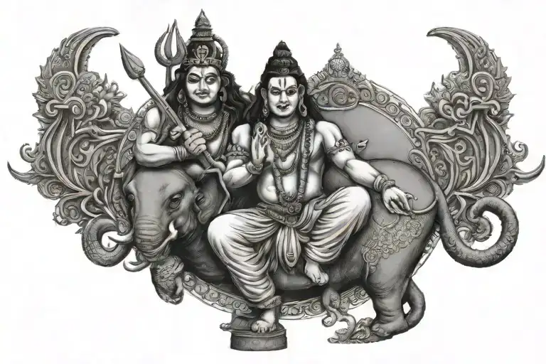a drawing of a lord Shiva sitting on top of an elephant, 3 d design for tattoo, tattoo design, tattoo design sketch, zen tattoo design idea