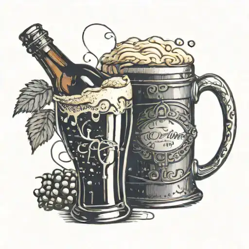 A vintage wine bottle and beer mug clinking together with a heartbeat line running through them, symbolizing the balance between work and relaxation tattoo design idea