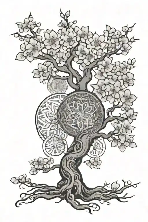 Cherry blossom tree with mandala design in the background tattoo design idea