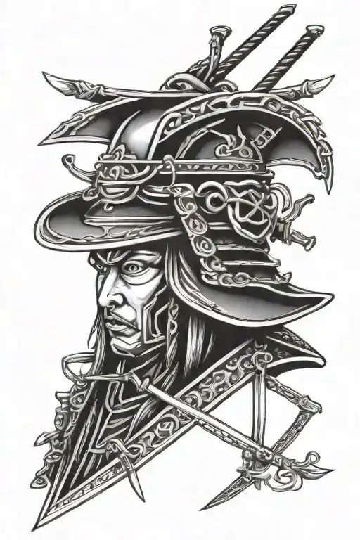 samurai brim hat with 3 swords tattoo design idea