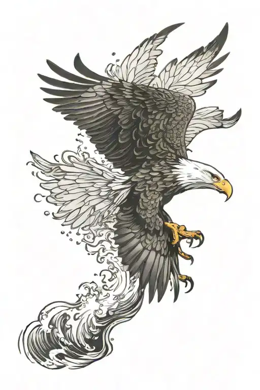 A majestic bald eagle soaring above crashing waves on a rocky shoreline, with intricate feather details and dramatic sha tattoo design idea