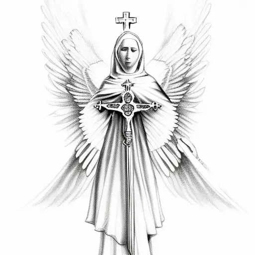 Mother mary, rosary, Archangel Michael's sword, heaven, angels  tattoo design idea